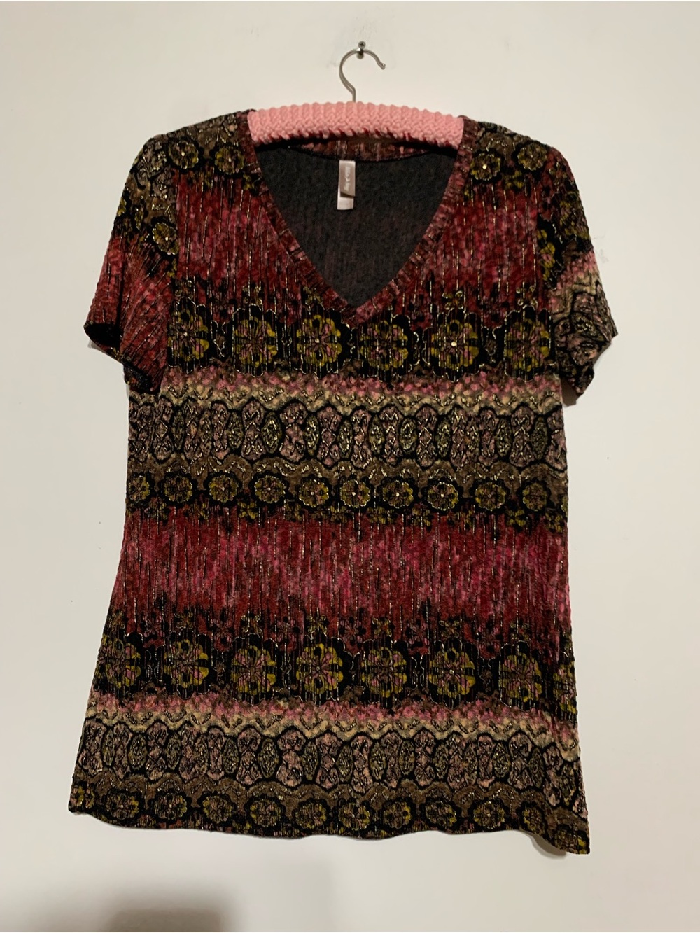 White Stag Burgundy, Olive & Black Patterned V-Neck Short Sleeve Tee